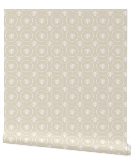 Small French Provincial Bees in Laurel Wreaths in White on Cream Wallpaper