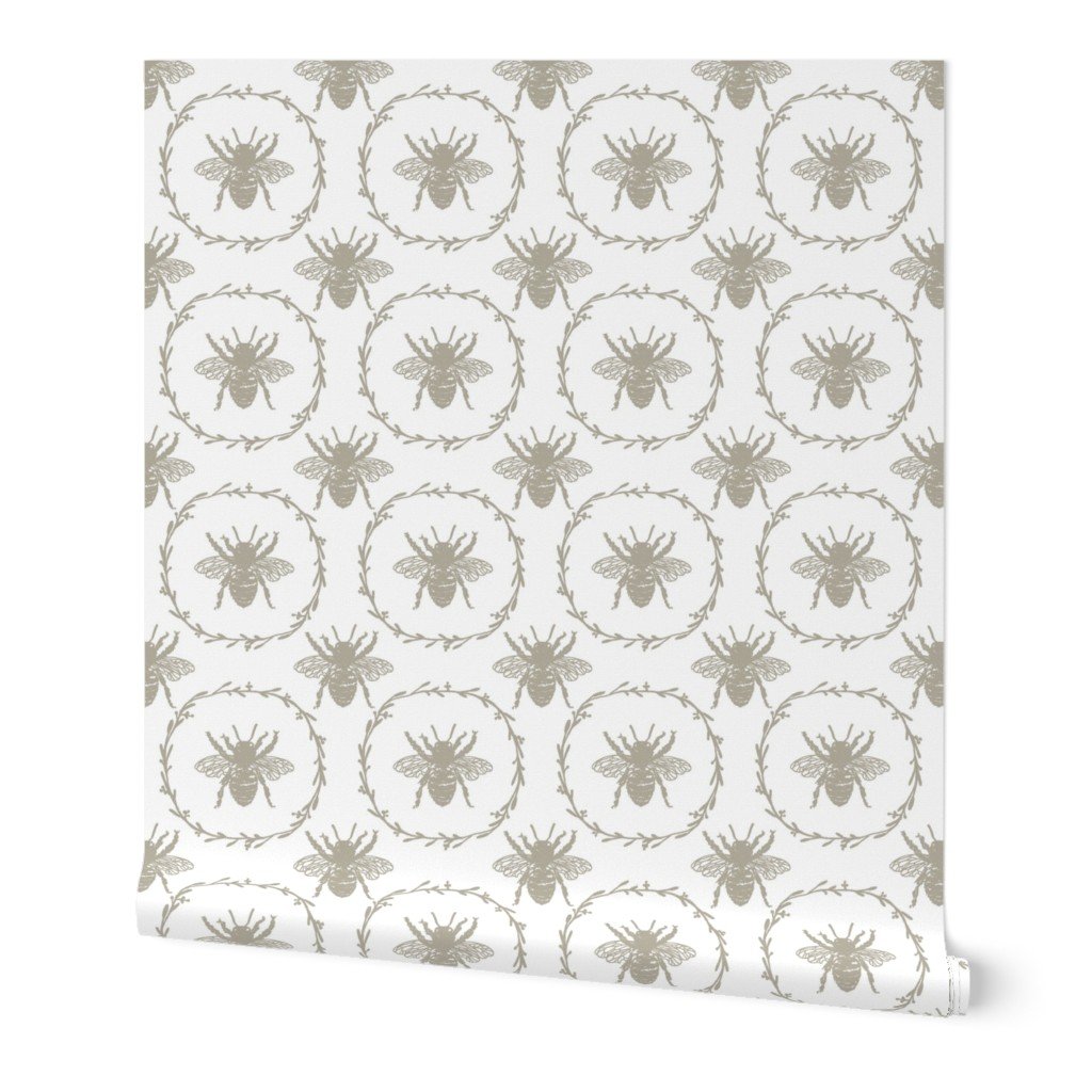 Large French Provincial Bees in Laurel Wreaths in Beige on White Wallpaper Large French Provincial Bees in Laurel Wreaths in Beige on White Wallpaper