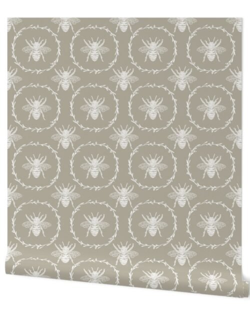 Large French Provincial Bees in Laurel Wreaths in White on Beige Wallpaper