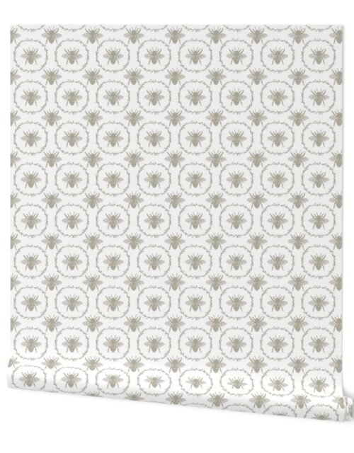 Small French Provincial Bees in Laurel Wreaths in Beige on White Wallpaper