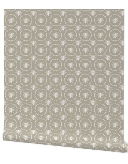 Small French Provincial Bees in Laurel Wreaths in White on Beige Wallpaper