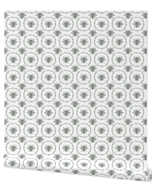 Small French Provincial Bees in Laurel Wreaths in Sage Green on White Wallpaper