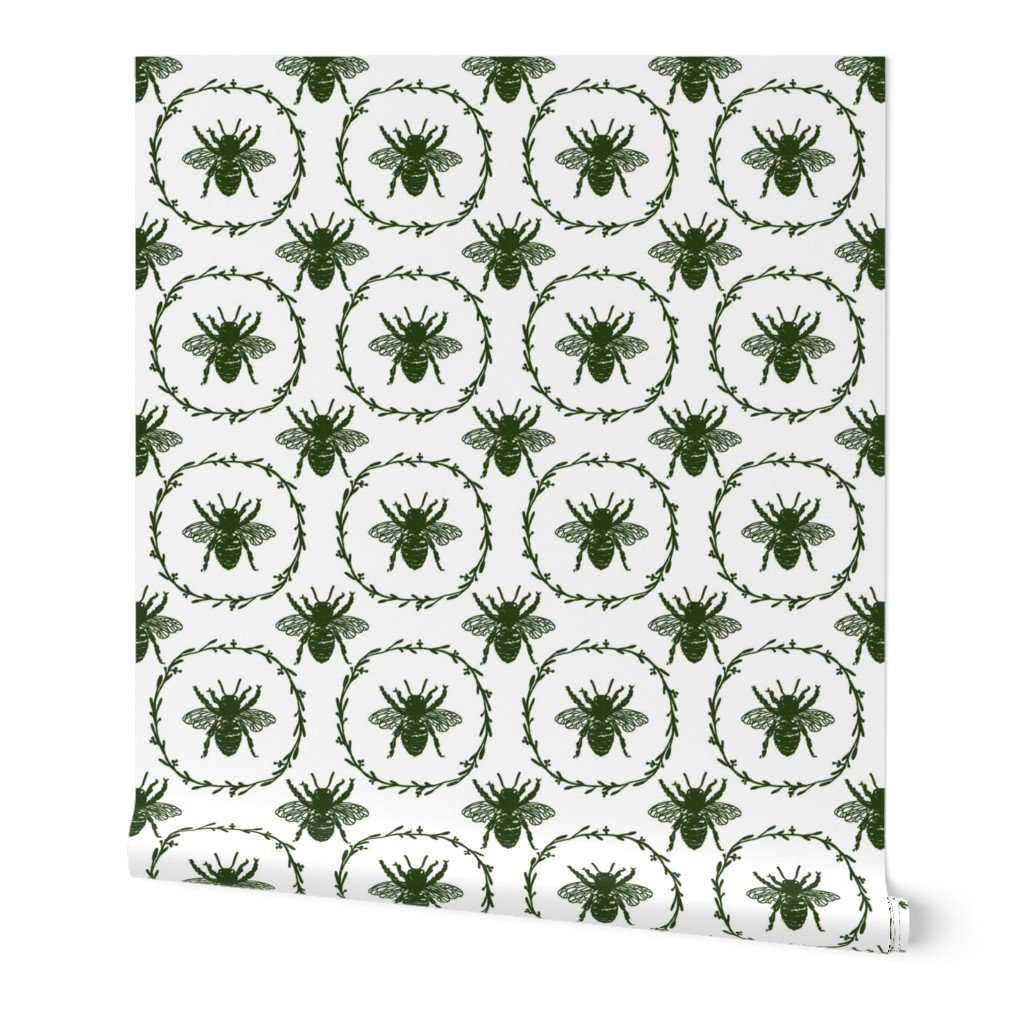 Large French Provincial Bees in Laurel Wreaths in Lichen Green on White Wallpaper Large French Provincial Bees in Laurel Wreaths in Lichen Green on White Wallpaper