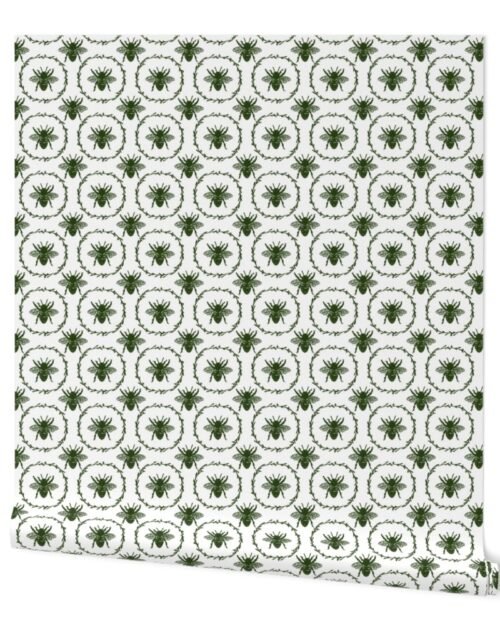 Small French Provincial Bees in Laurel Wreaths in Lichen Green on White Wallpaper