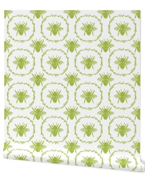 Large French Provincial Bees in Laurel Wreaths in Fresh Green on White Wallpaper