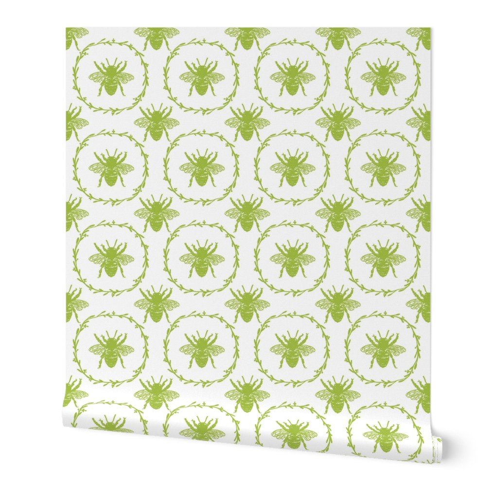 Large French Provincial Bees in Laurel Wreaths in Fresh Green on White Wallpaper Large French Provincial Bees in Laurel Wreaths in Fresh Green on White Wallpaper