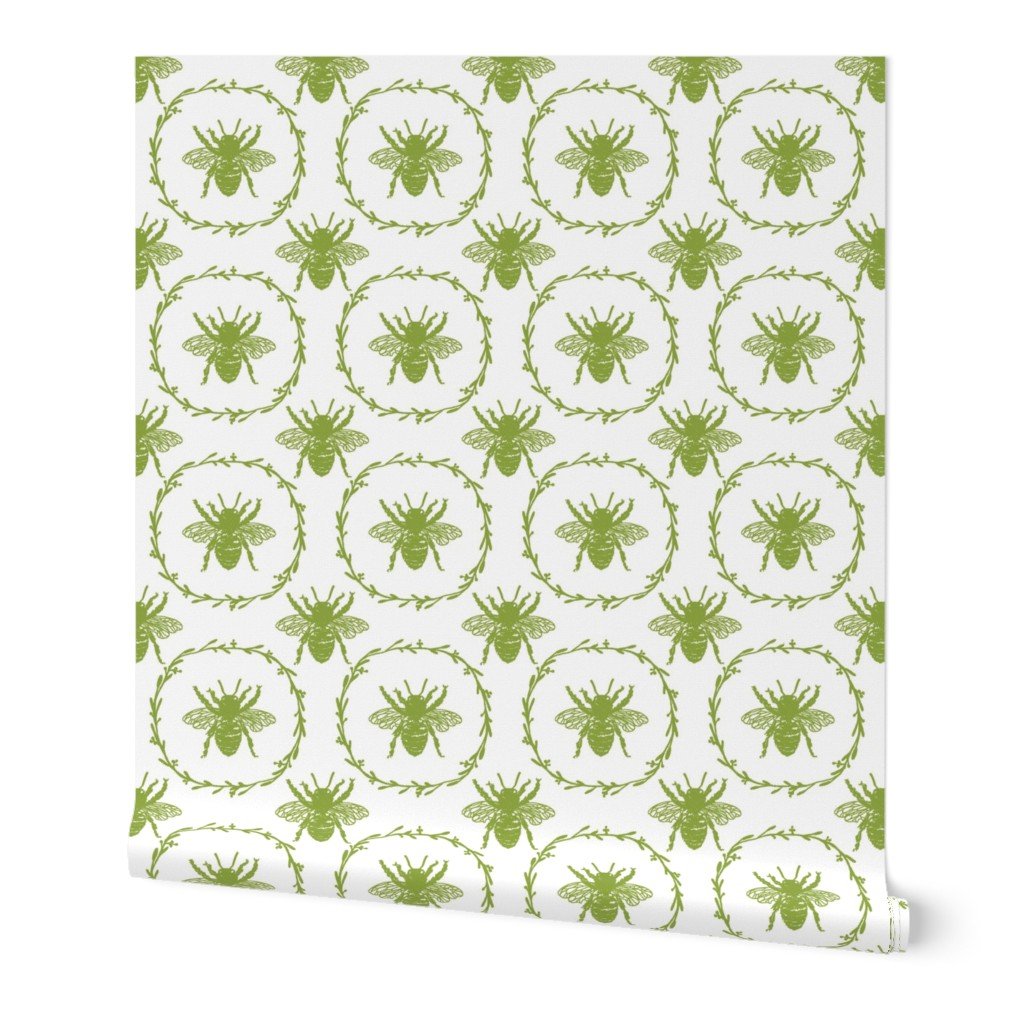 Large French Provincial Bees in Laurel Wreaths in Grass Green on White Wallpaper Large French Provincial Bees in Laurel Wreaths in Grass Green on White Wallpaper