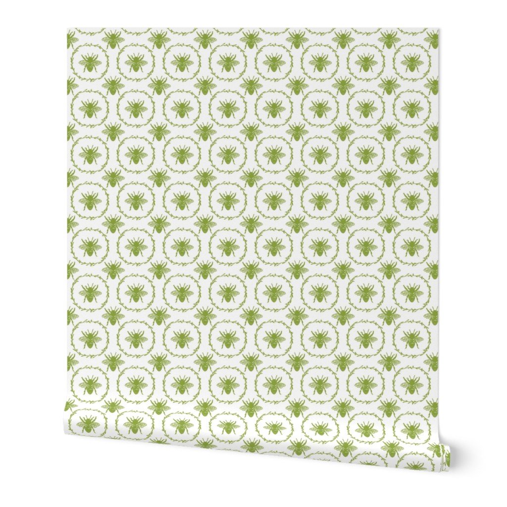 Small French Provincial Bees in Laurel Wreaths in Grass Green on White Wallpaper Small French Provincial Bees in Laurel Wreaths in Grass Green on White Wallpaper