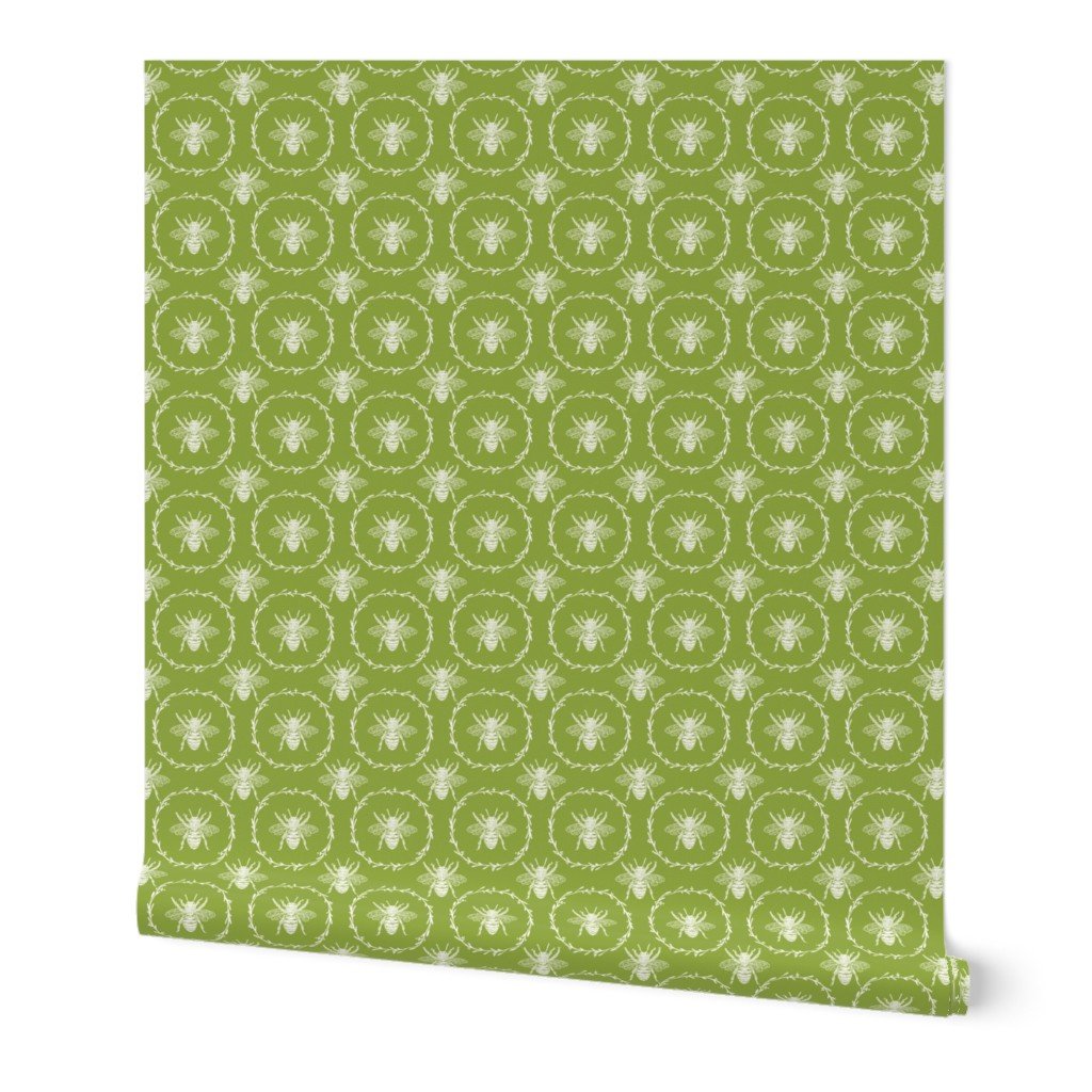 Small Provincial Bees in Laurel Wreaths in White on Grass Green Wallpaper Small Provincial Bees in Laurel Wreaths in White on Grass Green Wallpaper