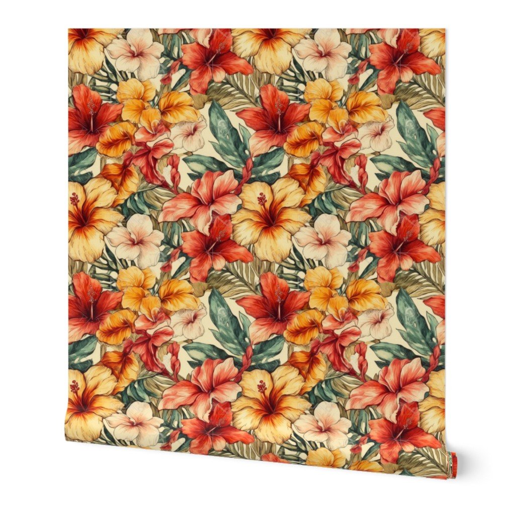Soft Vintage Hawaiian Hibiscus Watercolor in Coral and Cream Wallpaper Soft Vintage Hawaiian Hibiscus Watercolor in Coral and Cream Wallpaper