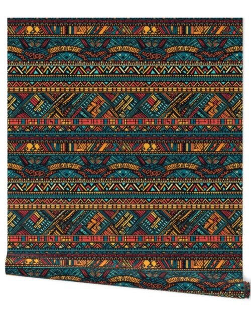 Tribal Mudcloth Boho Ethnic Print in Aqua, Teal, Gold and Orange Wallpaper