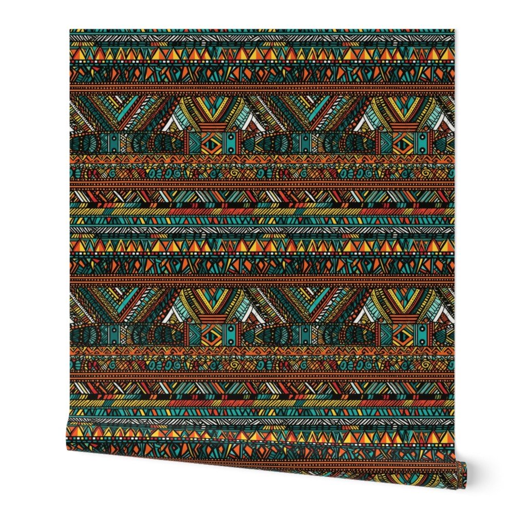 Tribal Mudcloth Boho Ethnic Print in Aqua, Teal, Gold and Orange Wallpaper Tribal Mudcloth Boho Ethnic Print in Aqua, Teal, Gold and Orange Wallpaper