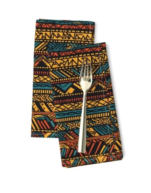 Tribal Mudcloth Boho Ethnic Print in Gold, Teal, Brown and Orange Dinner Napkins