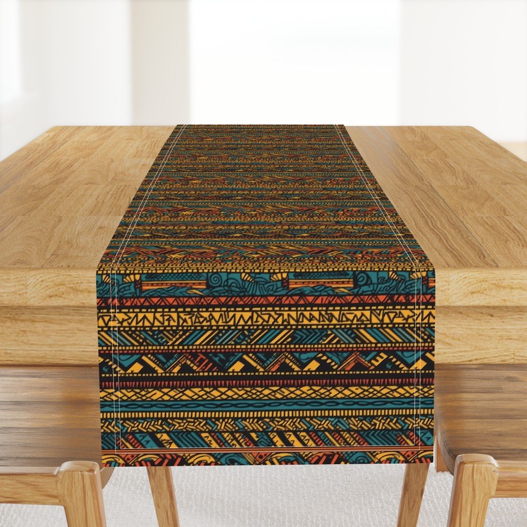 Tribal Mudcloth Boho Ethnic Print in Gold, Teal, Brown and Orange Table Runner Tribal Mudcloth Boho Ethnic Print in Gold, Teal, Brown and Orange Table Runner