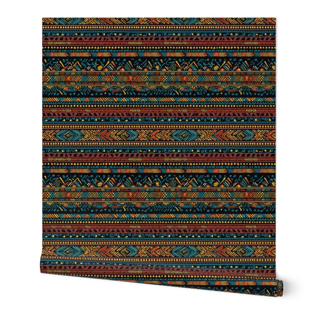 Tribal Mudcloth Boho Ethnic Print in Aqua, Teal, Gold and Orange Wallpaper Tribal Mudcloth Boho Ethnic Print in Aqua, Teal, Gold and Orange Wallpaper