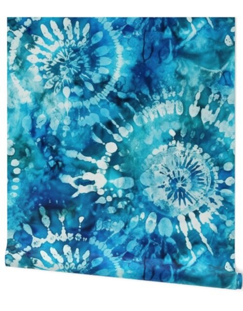 Jumbo Tie Dye Batik in Bright Blue Circling Swirls on Teal Wallpaper