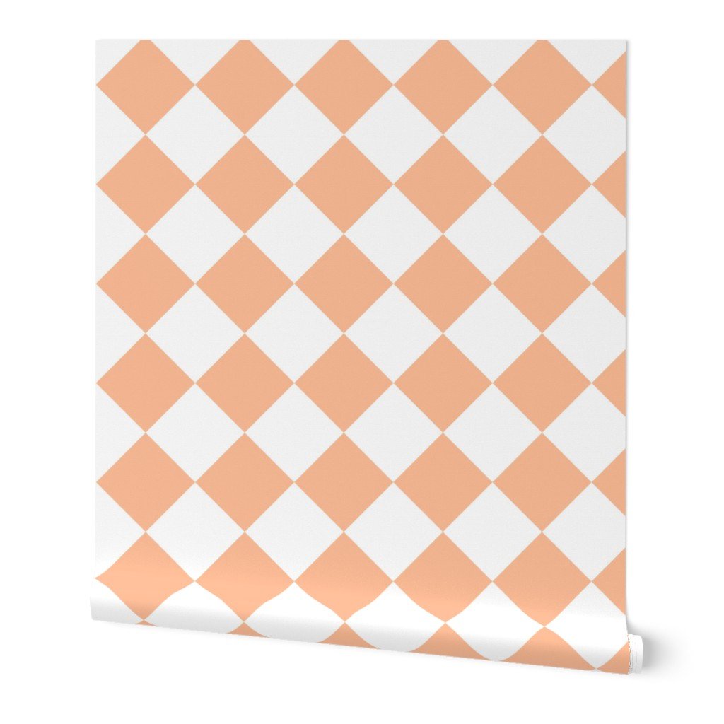 Large Diagonal Diamond Checks in Peach Fuzz Color of the Year 2024 and White Wallpaper Large Diagonal Diamond Checks in Peach Fuzz Color of the Year 2024 and White Wallpaper