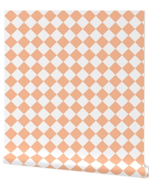 Medium Diagonal Diamond Checks in Peach Fuzz Color of the Year 2024 and White Wallpaper