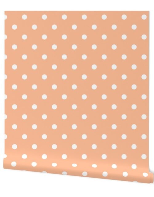 Two Inch Polka Dot Spots in Peach Fuzz Color of the Year 2024 and White Wallpaper