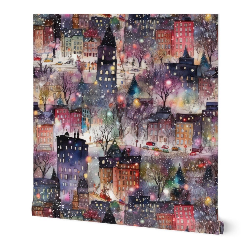 Large New York City Christmas Street Watercolor Wallpaper Large New York City Christmas Street Watercolor Wallpaper