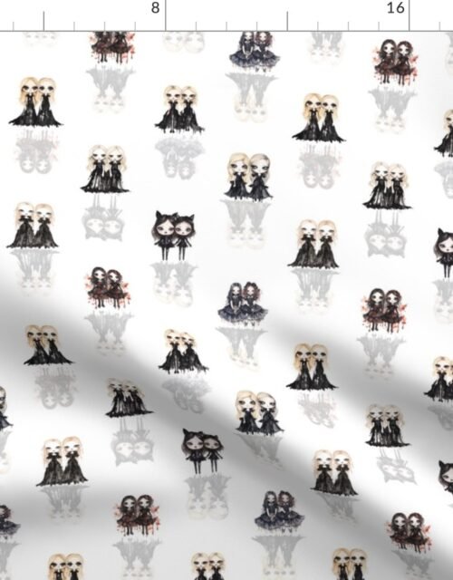1 1/2 inch Mini Big-Eyed Evil Doll Twins in Black  with Ghostly Reflection Shadows Fabric