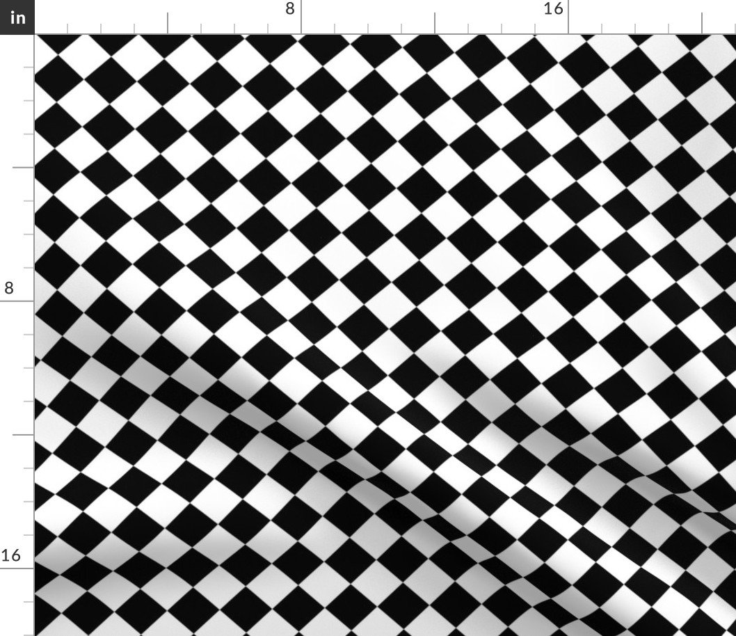 1 inch Diagonal Checkerboard  Harlequin Pattern in Black and White Diamond Checked Fabric