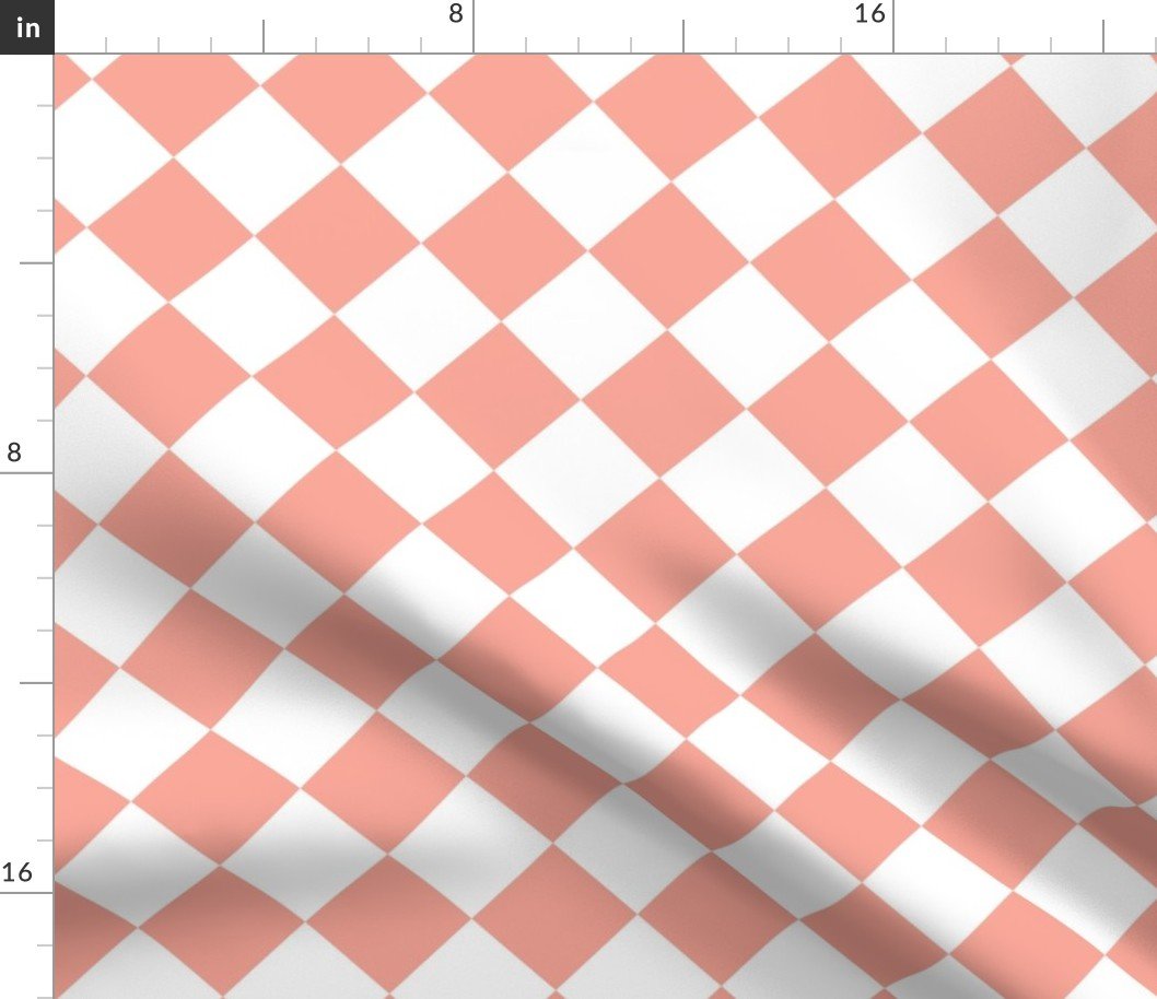 2 inch Diagonal Checkerboard Merry Bright Christmas Harlequin Pattern in Peach and White Diamond Checked Fabric