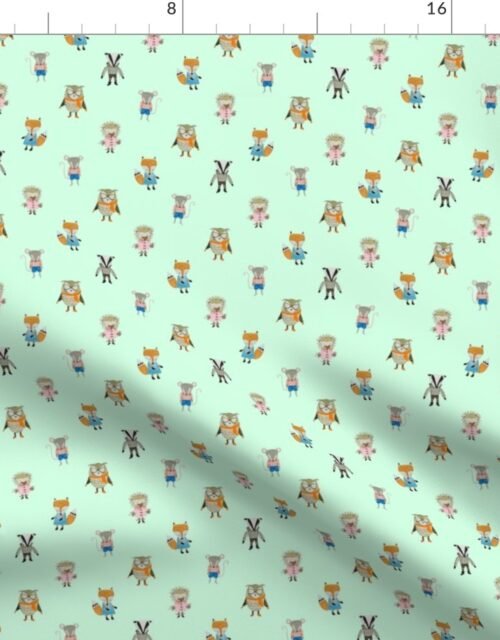 Forest Friends Woodland Animals Water Colors in Mint Green Fabric