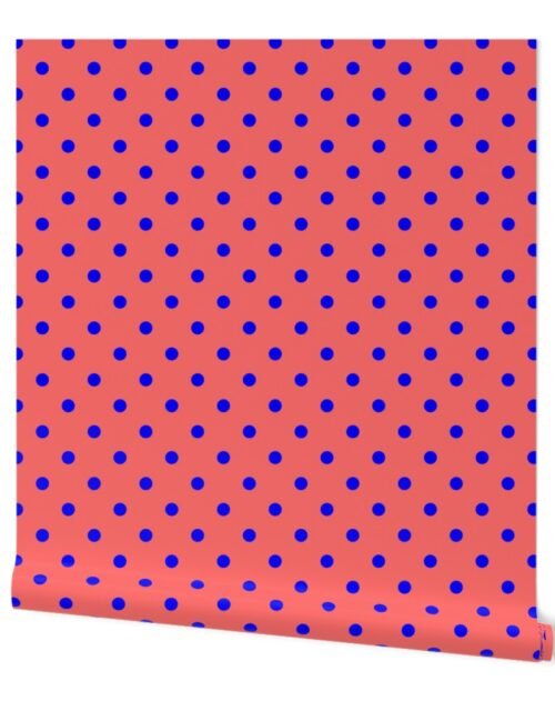Royal Blue Polka Dots on Salmon Wallpaper