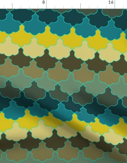 Teal, Mustard and Mulch Motifs New York Scallop Fabric