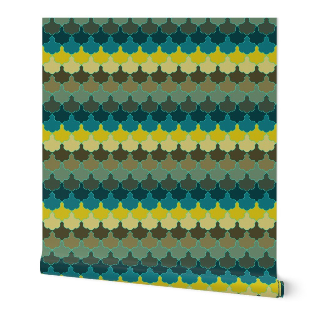 Teal, Mustard and Mulch Motifs New York Scallop Wallpaper Teal, Mustard and Mulch Motifs New York Scallop Wallpaper