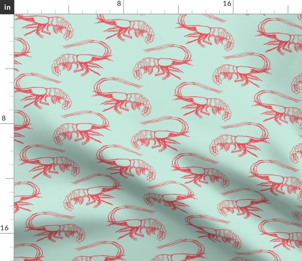 Coral Shrimp on Mint Fabric Coral Shrimp on Mint Fabric
