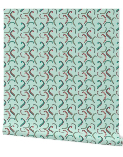 Seaweed Green and Coral Squiggles on Mint Wallpaper
