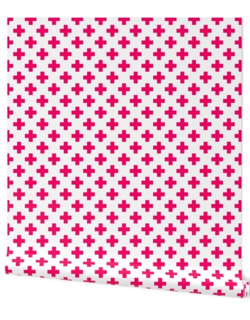 Hot Neon Pink Crosses on White Wallpaper