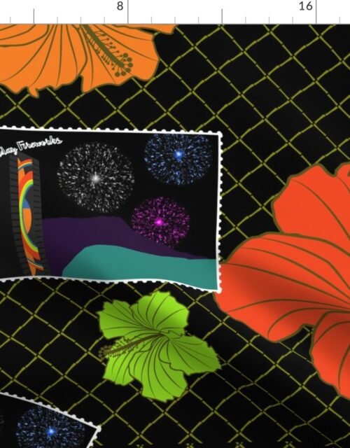 Aloha Friday Fireworks over Rainbow Tower Fabric