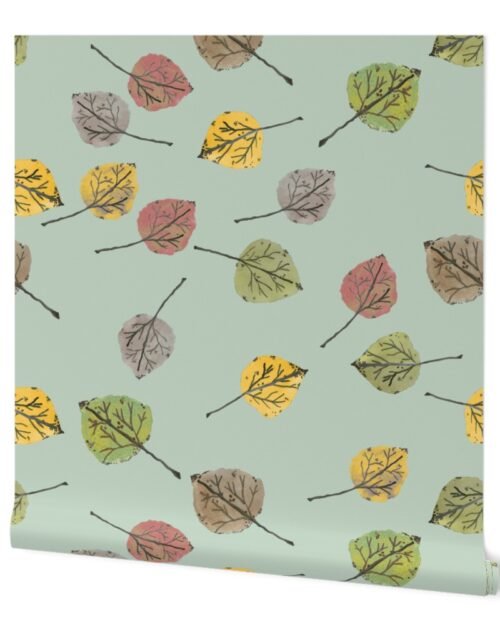 Colorado Aspen Tree Leaves Hand-painted Watercolors in Sage Green Wallpaper