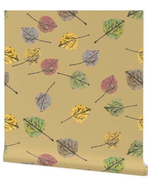 Colorado Aspen Tree Leaves Hand-painted Watercolors in Jute Beige Wallpaper