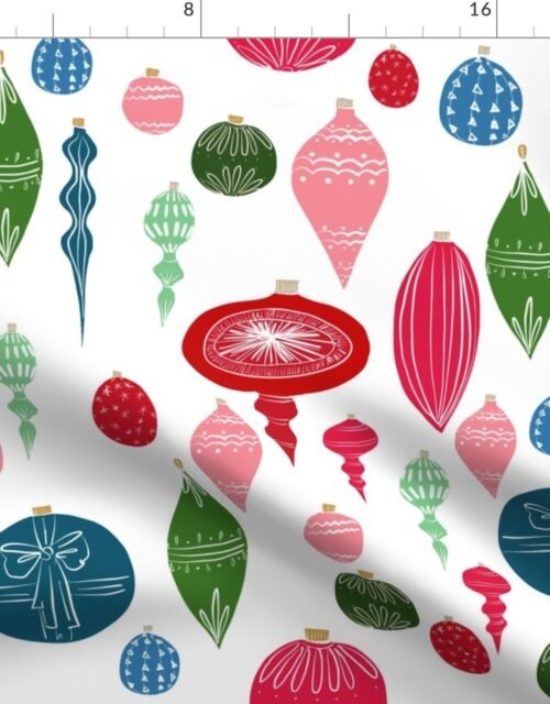 Vintage Christmas Ornaments Multi on White Fabric