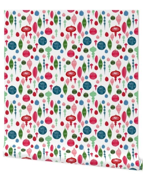 Vintage Christmas Ornaments Multi on White Wallpaper