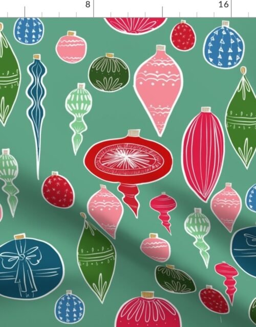 Vintage Christmas Ornaments Multi on Teal Fabric