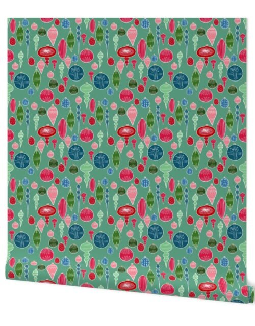 Vintage Christmas Ornaments Multi on Teal Wallpaper
