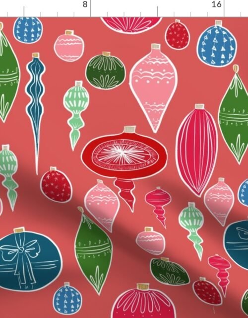 Vintage Christmas Ornments Multi on Rose Fabric