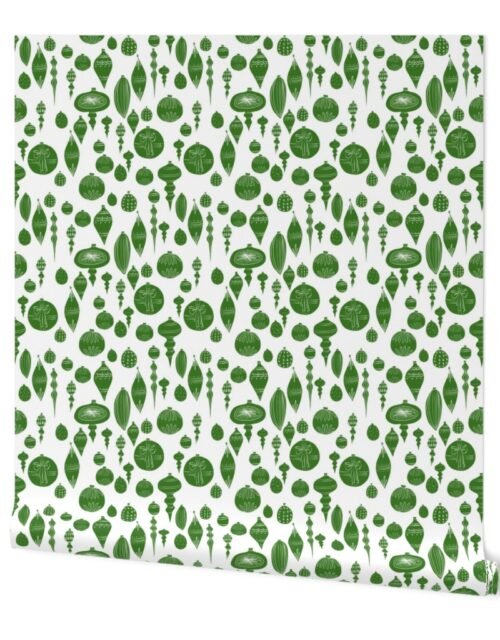 Vintage Green Christmas Ornaments on White Wallpaper