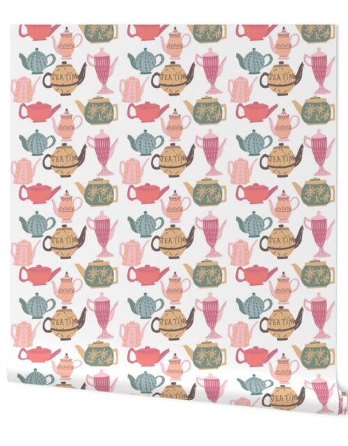 Vintage Multi Teapots for Tea Time in White Wallpaper