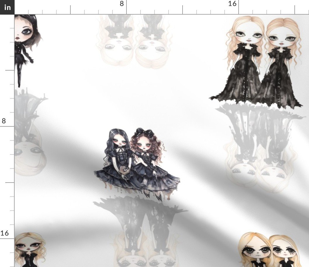 6 inch Big-Eyed Evil Doll Twins in Black with Ghostly Reflection Shadows Fabric 6 inch Big-Eyed Evil Doll Twins in Black with Ghostly Reflection Shadows Fabric