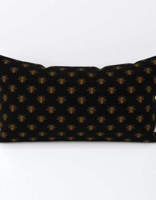 Royal Gold Queen Bees on Black Lumbar Throw Pillow