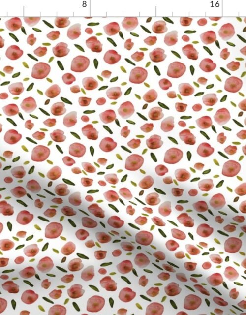 Poppies Hand-Painted Watercolors in Rose Pink on White Fabric