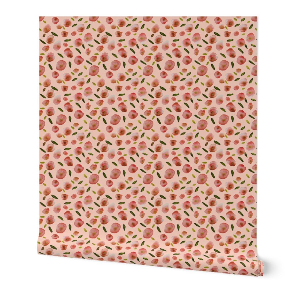 Poppies Hand-Painted Watercolors in Rose Pink on Pink Wallpaper Poppies Hand-Painted Watercolors in Rose Pink on Pink Wallpaper