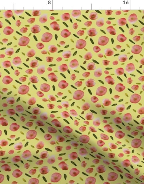 Poppies Hand-Painted Watercolors in Rose Pink on Citron Yellow Fabric