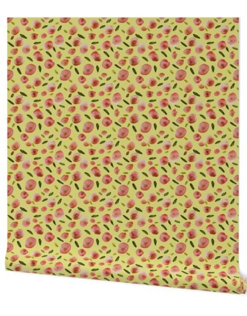 Poppies Hand-Painted Watercolors in Rose Pink on Citron Yellow Wallpaper